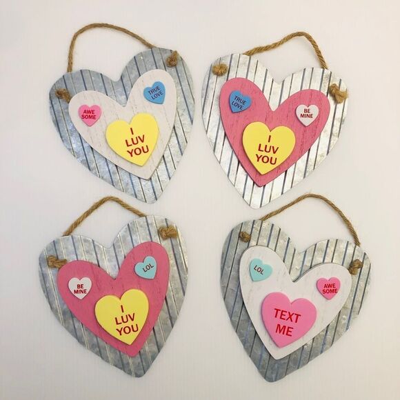 Handmade Valentine's Day Galvanized Wood Candy Heart Wall Decor - Picture 1 of 9